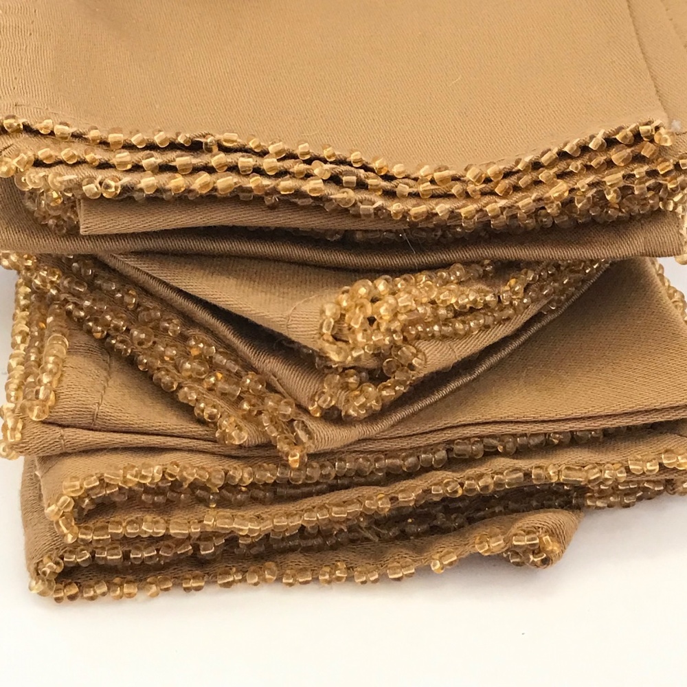 Cotton Beaded Cocktail Napkins Golden Tan Set of 12 - Picture 2 of 9